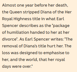Earl Spencer writes "the removal of Diana's title hurt her" and it was part of the package to "humiliate her".