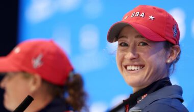 Nelly Korda of Team United States speaks to the media prior to the Solheim Cup.