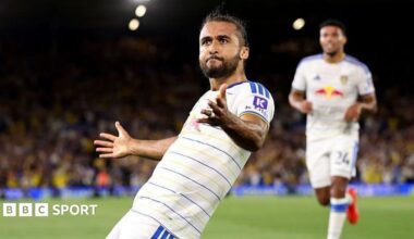 Dominic Calvert-Lewin celebrates after scoring for Leeds United against Newcastle United