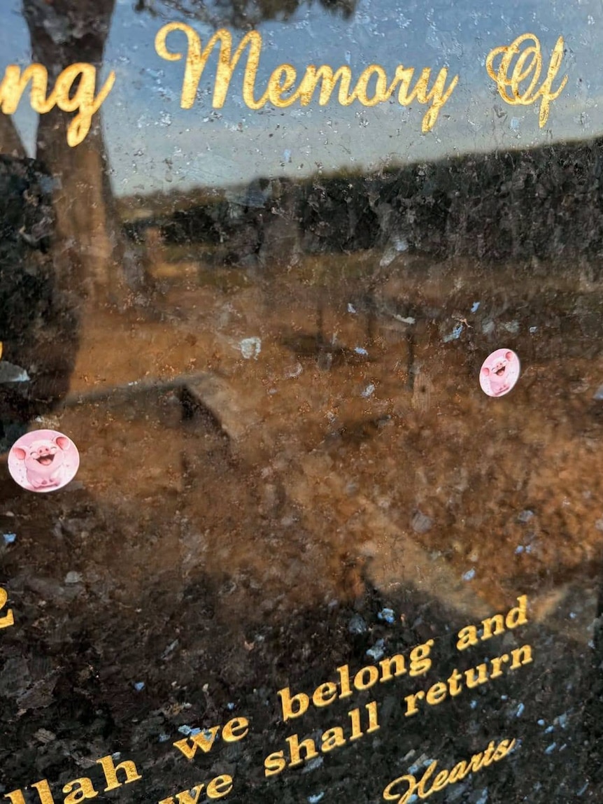 Two stickers of a pink cartoon pig are placed on a dark coloured grave headstone.