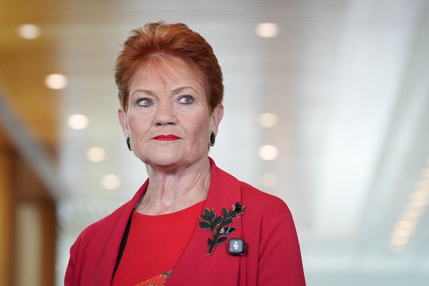 Pauline Hanson, wearing red, stands indoors looking to her left with a neutral expression.