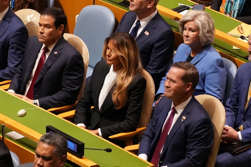 Marco Rubio, Melania Trump, Mike Waltz, Susie Wiles and others are seated in the UN assembly hall.