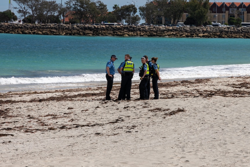 Police standing on a beach 