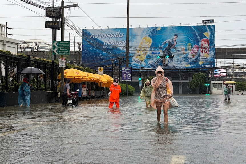 People wearing rain ponchos wade through floodwaters.
