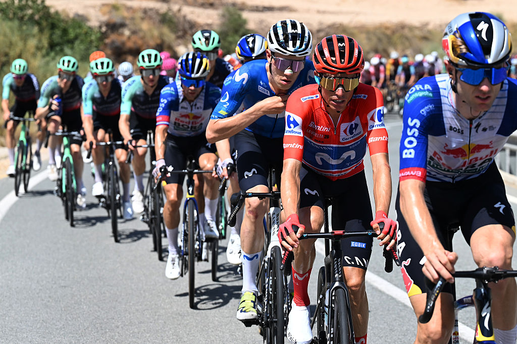 CALAR ALTO, SPAIN - SEPTEMBER 03: (L-R) Ivan Romeo of Spain and Enric Mas of Spain and Movistar Team - Red Leader Jersey during the La Vuelta - 81st Tour of Spain 2026, Stage 12 a 166.6km stage from Vera to Calar Alto 2151m / #UCIWT / on September 03, 2026 in Calar Alto, Spain. (Photo by Tim de Waele/Getty Images)