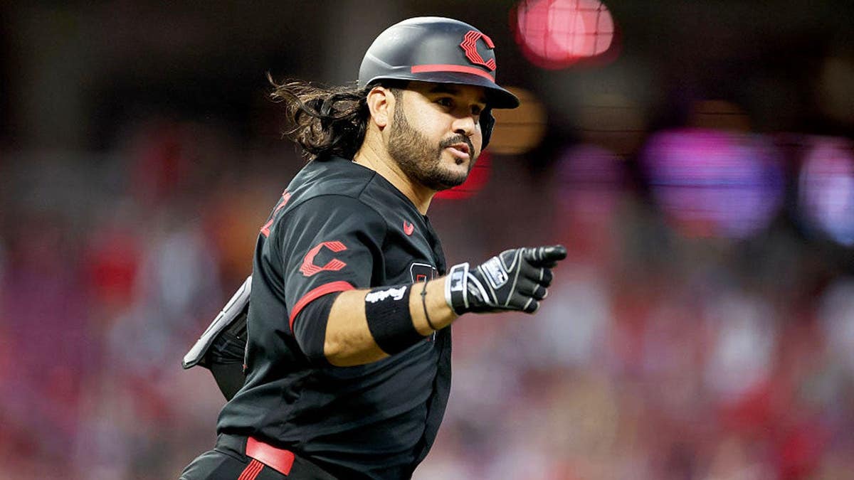 Eugenio Suarez celebrates after hitting a three-RBI home run at Great American Ball Park.