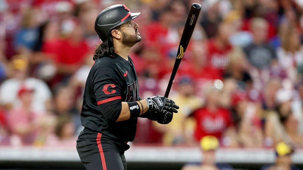 Eugenio Suarez swings at a pitch during a Cincinnati Reds game at Great American Ball Park.