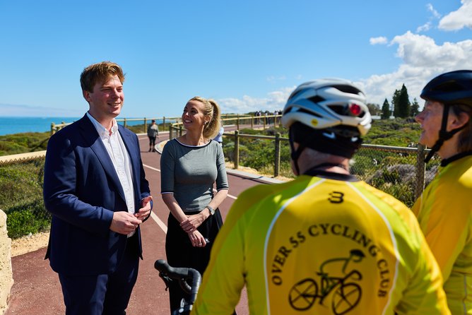 Cyclists Jane Perkins and Graham Baker with Hillarys MLA Caitlin Collins and Joondalup mayor Daniel Kingston.