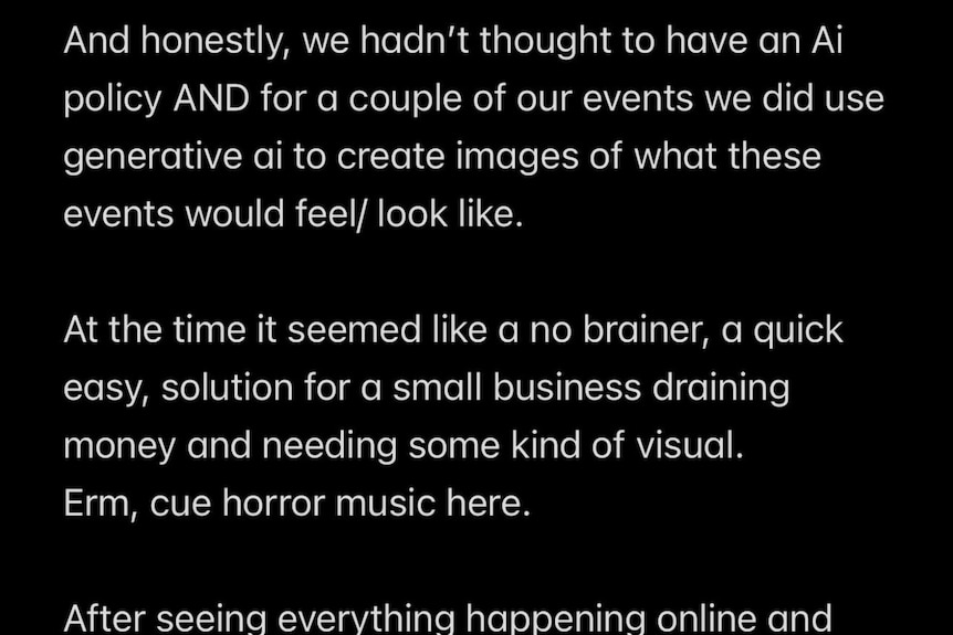 A post on instagram apologising for using AI