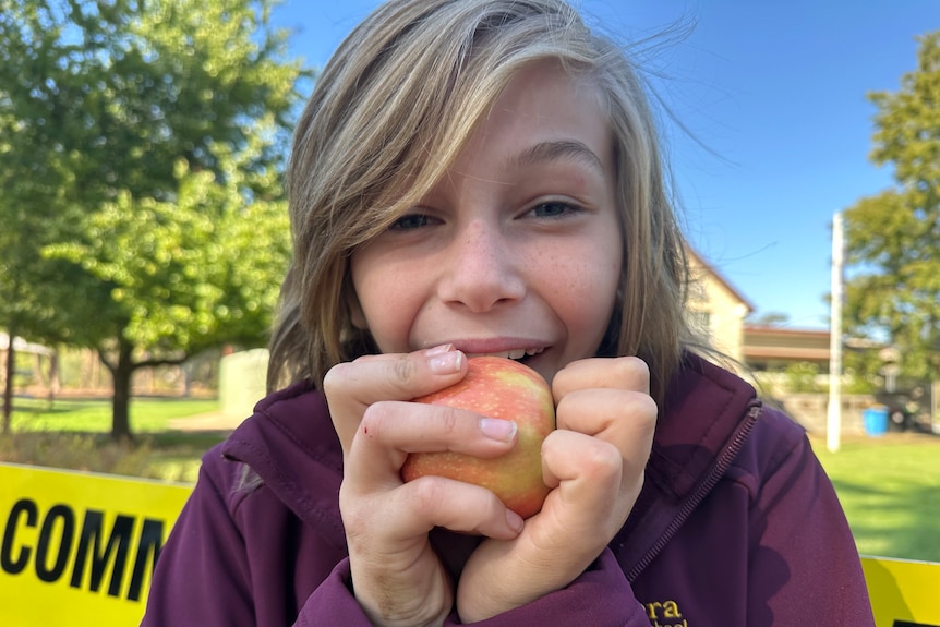 A close up photo of a child biting into an apple