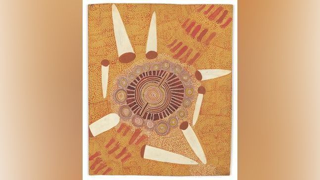 {p}Anatjari Tjakamarra. Ngaatjatjarra/Pintupi c. 1930–92. Big Pintupi Dreaming Ceremony 1972, synthetic polymer paint on, composition board, 51.5 × 43.3 cm. National Gallery of Victoria, Melbourne. Purchased through The Art Foundation of Victoria with the assistance of North Broken Hill Pty Ltd, Fellow, 1987 (O.51-1987). © The Artist/Licensed by Aboriginal Artists Agency Limited. Photo: Christian Markel / NGV{/p}