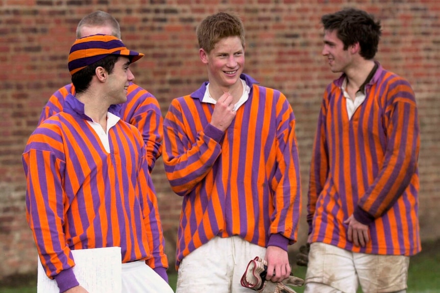 Prince Harry in a bright striped sports jersey.