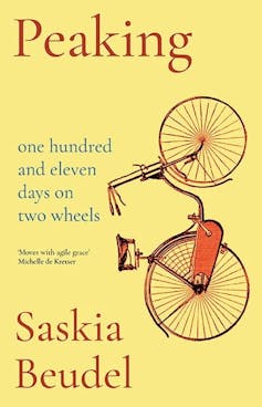 book cover: Peaking – yellow, with a bicycle on it