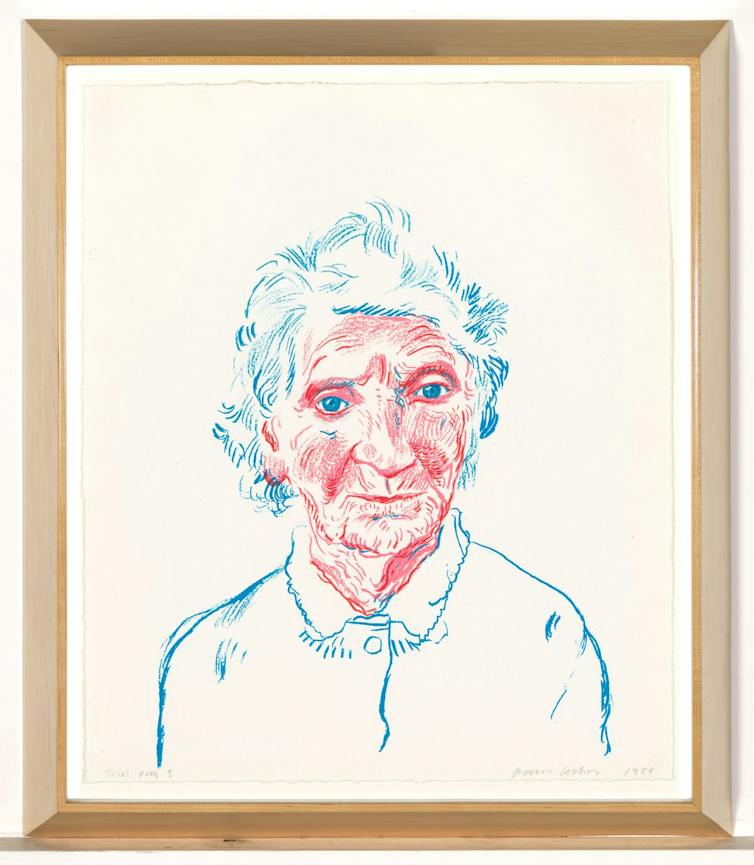 Framed portrait of an older woman, in pink and blue tones.