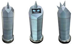Three images of the dark blue shiny angular Spike robot.