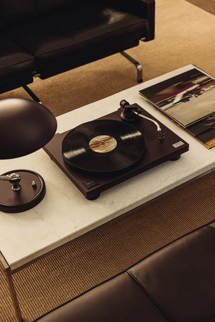 Burgundy lamp and turntable