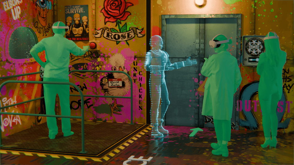 Futuristic scene with neon figures and graffiti-covered walls.