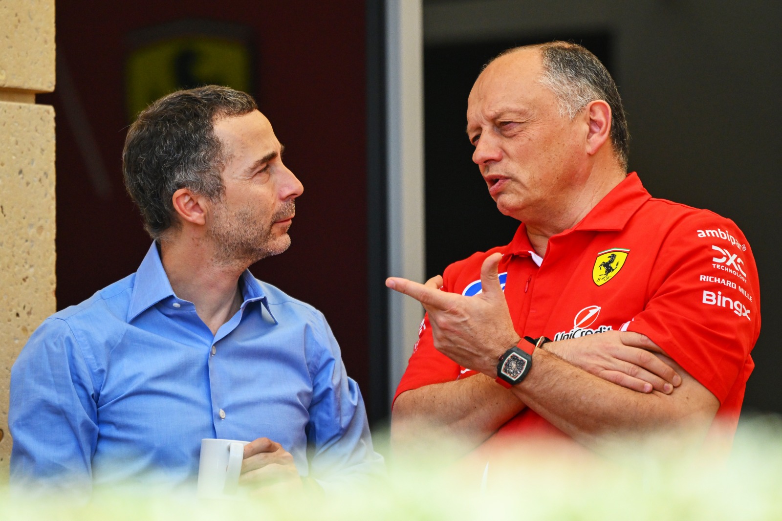 Leclerc's manager Nicolas Todt (left) has a long professional relationship with Ferrari team boss Frederic Vasseur