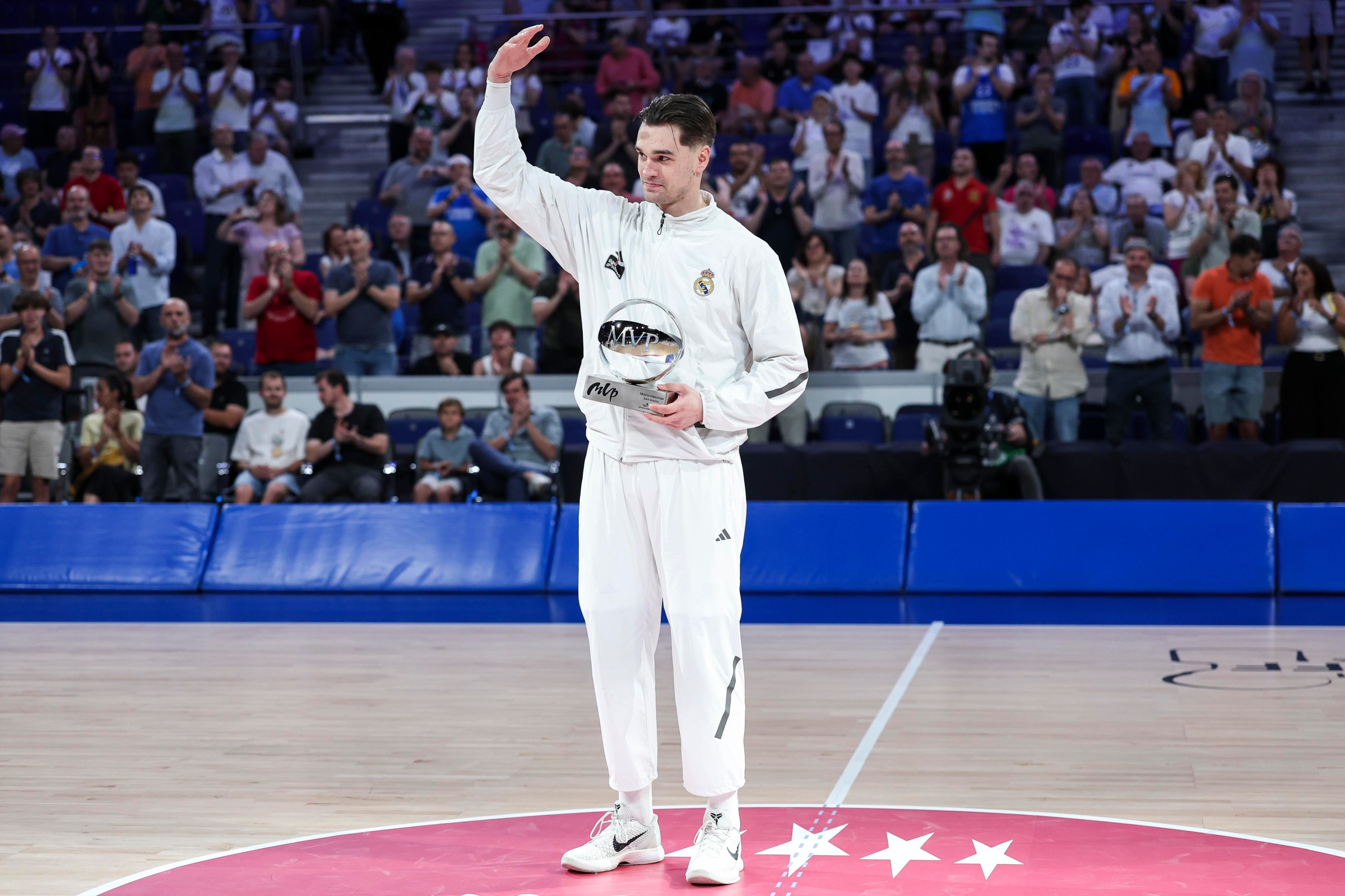 MADRID, SPAIN - JUNE 02: Mario Hezonja of Real Madrid poses for photo with the 2025/26 La Liga ACB Endesa MVP trophy during the Spanish League Liga ACB Endesa, basketball Quarter Finals Game 1 between Real Madrid and La Laguna Tenerife at Movistar Arena on June 02, 2026, in Madrid, Spain. (Photo By Irina R. Hipolito/Europa Press via Getty Images)