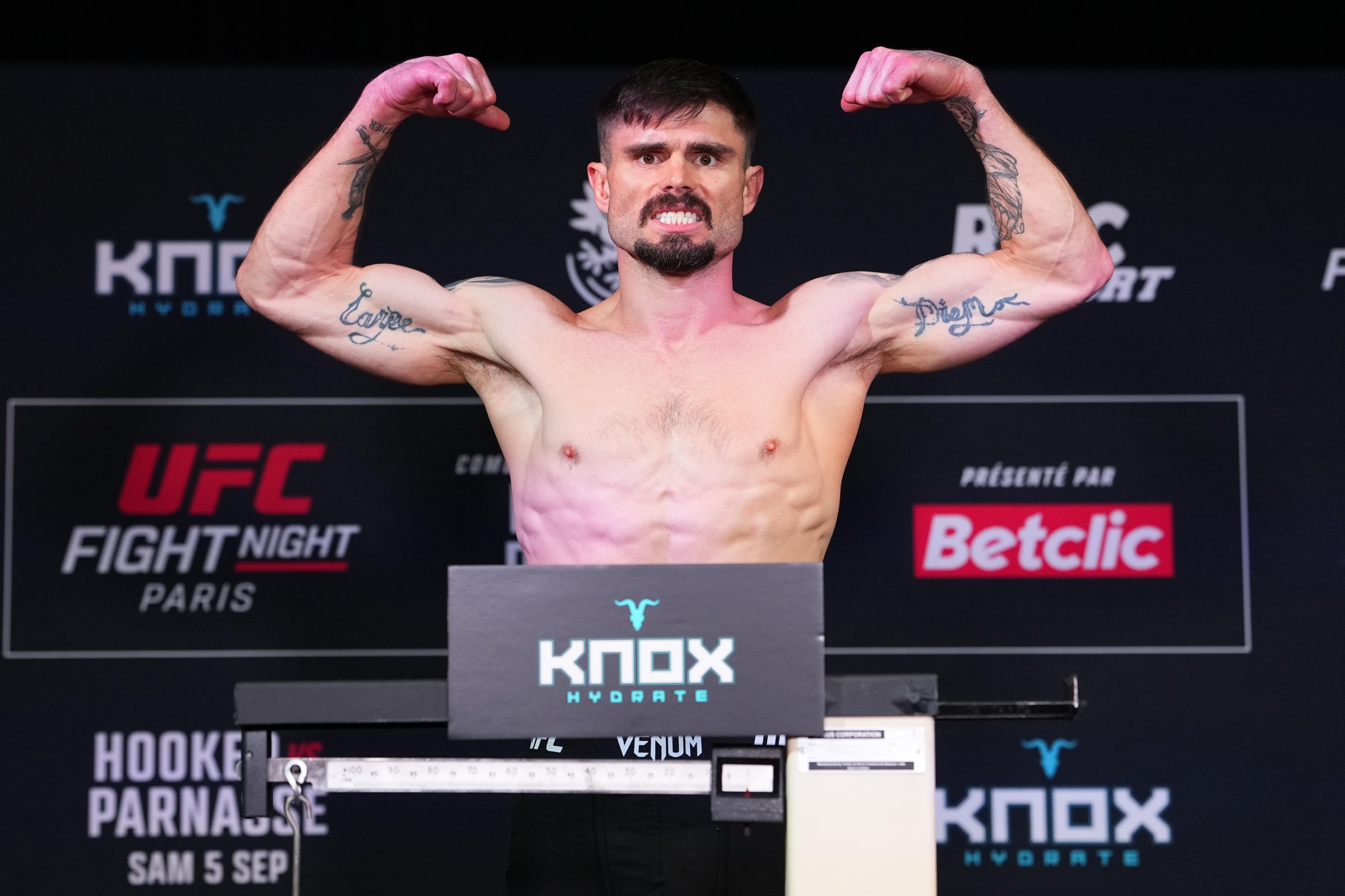 PARIS, FRANCE - SEPTEMBER 04: Trevor Peek poses on the scale during the UFC Fight Night official weigh-ins at Pullman Paris Centre Bercy September 4, 2026 in Paris, France. (Photo by Jeff Bottari/Zuffa LLC)