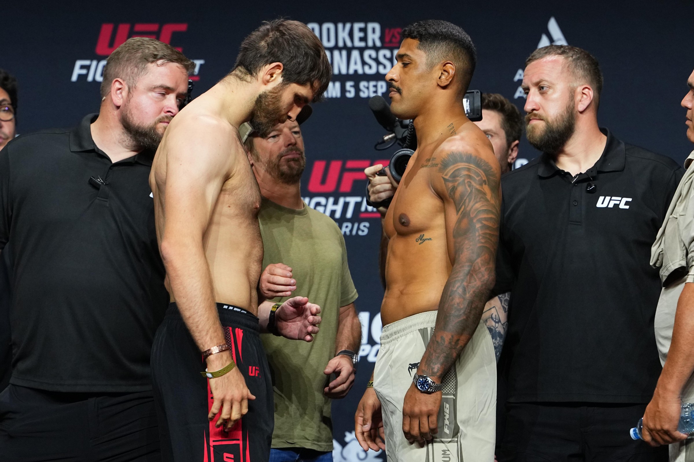 PARIS, FRANCE - SEPTEMBER 04: (L-R) Opponents Matthieu Duclos of France and Luis Felipe Dias of Brazil face off during the UFC Fight Night ceremonial weigh-in at The Accor Arena on September 04, 2026 in Paris, France. (Photo by Jeff Bottari/Zuffa LLC)