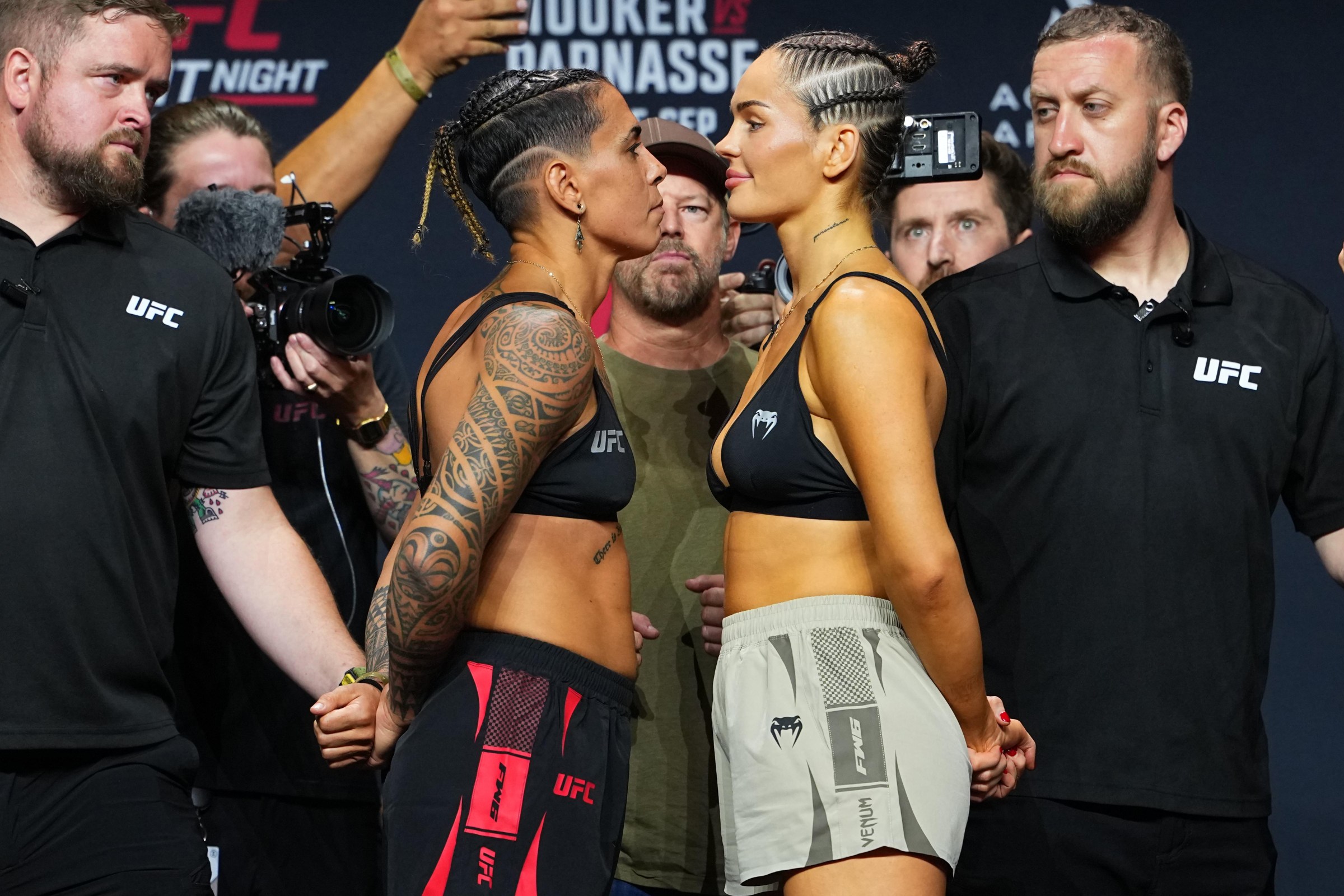 PARIS, FRANCE - SEPTEMBER 04: (L-R) Opponents Nora Cornolle of France and Klaudia Sygula of Poland face off during the UFC Fight Night ceremonial weigh-in at The Accor Arena on September 04, 2026 in Paris, France. (Photo by Jeff Bottari/Zuffa LLC)