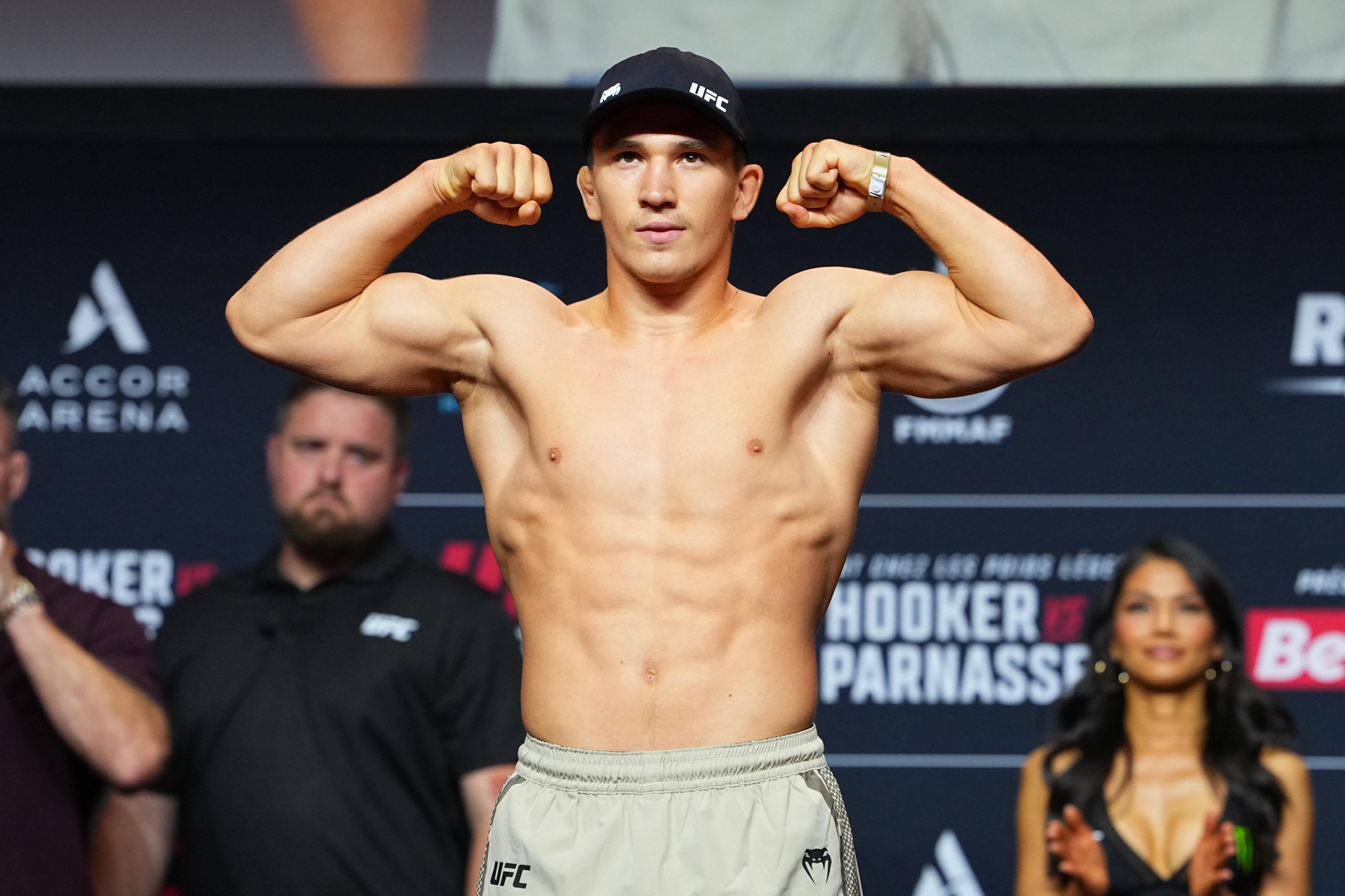 PARIS, FRANCE - SEPTEMBER 04: Pavel Andrusca of Moldova poses on the scale during the UFC Fight Night ceremonial weigh-in at The Accor Arena on September 04, 2026 in Paris, France. (Photo by Jeff Bottari/Zuffa LLC)
