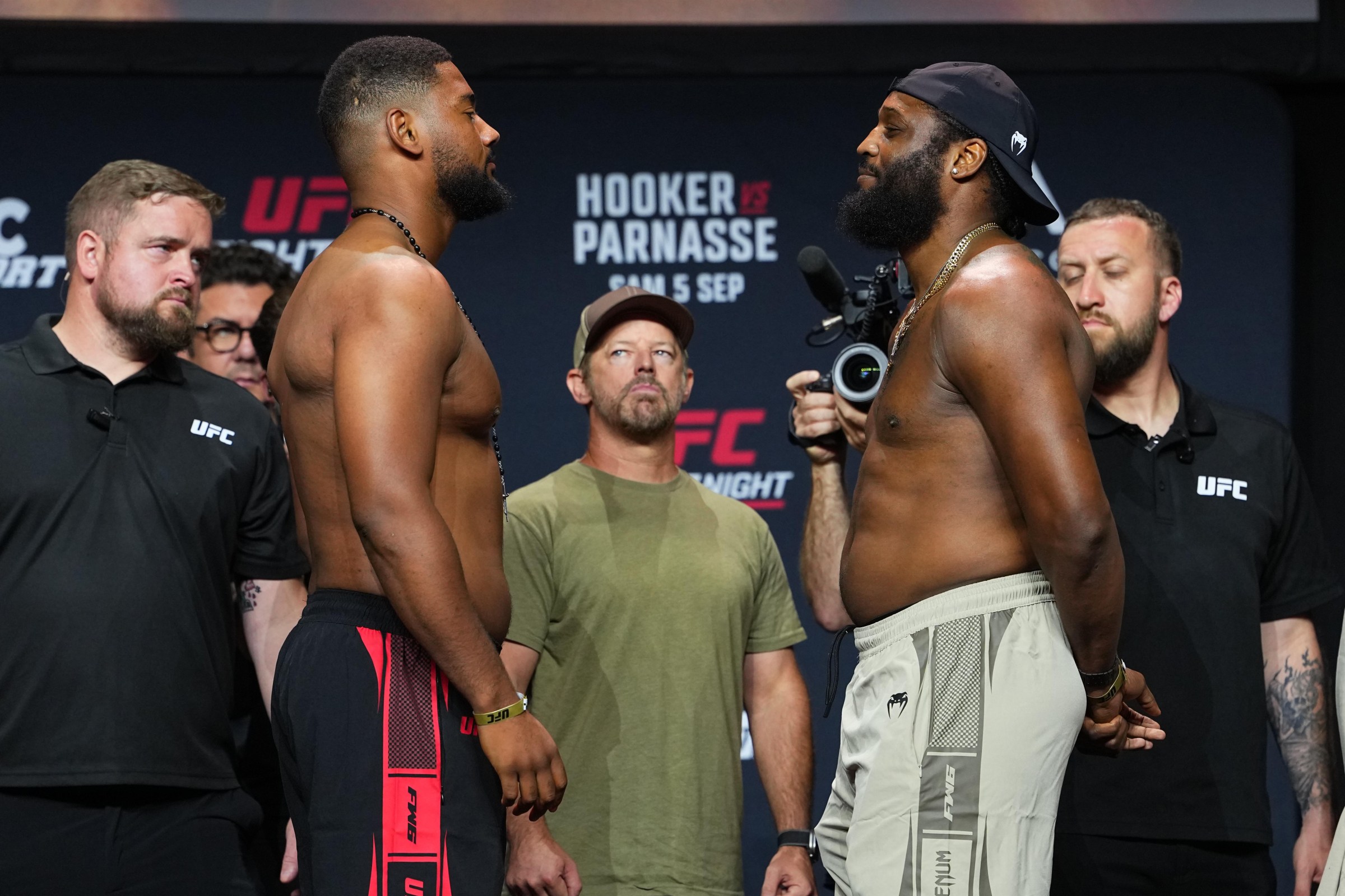 PARIS, FRANCE - SEPTEMBER 04: (L-R) Opponents Mario Pinto of Portugal and Ryan Spann face off during the UFC Fight Night ceremonial weigh-in at The Accor Arena on September 04, 2026 in Paris, France. (Photo by Jeff Bottari/Zuffa LLC)