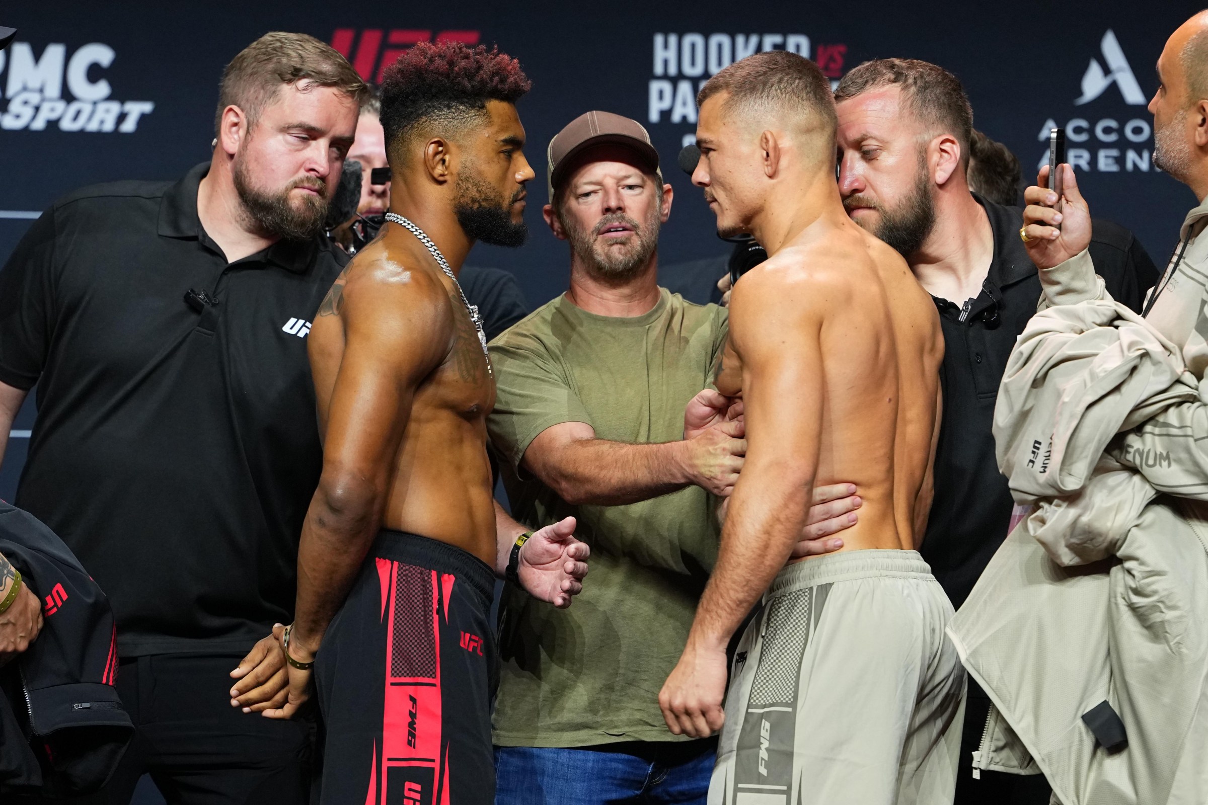 PARIS, FRANCE - SEPTEMBER 04: (L-R) Opponents Morgan Charriere of France and Felipe Lima of Brazil face off during the UFC Fight Night ceremonial weigh-in at The Accor Arena on September 04, 2026 in Paris, France. (Photo by Jeff Bottari/Zuffa LLC)