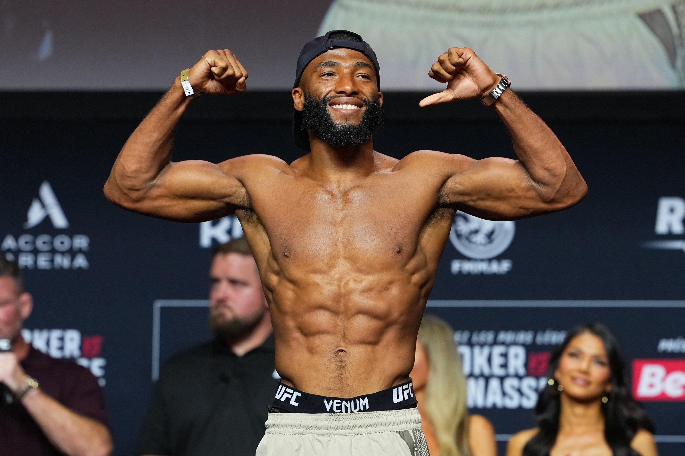 PARIS, FRANCE - SEPTEMBER 04: Salahdine Parnasse of France poses on the scale during the UFC Fight Night ceremonial weigh-in at The Accor Arena on September 04, 2026 in Paris, France. (Photo by Jeff Bottari/Zuffa LLC)