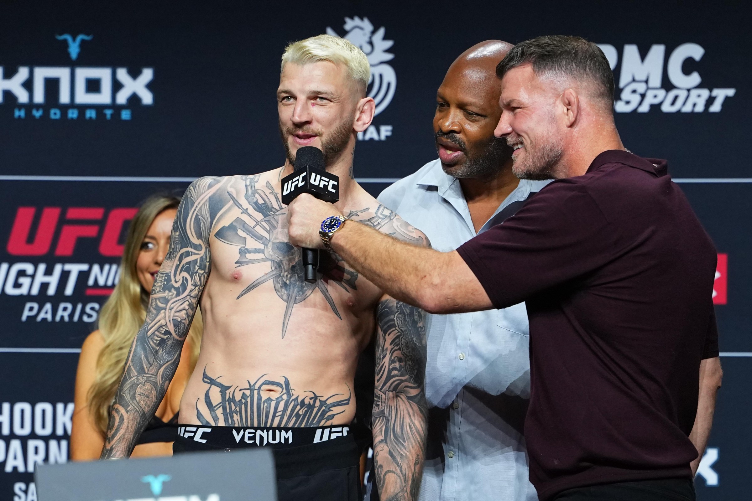 PARIS, FRANCE - SEPTEMBER 04: Dan Hooker of New Zealand speaks during the UFC Fight Night ceremonial weigh-in at The Accor Arena on September 04, 2026 in Paris, France. (Photo by Jeff Bottari/Zuffa LLC)