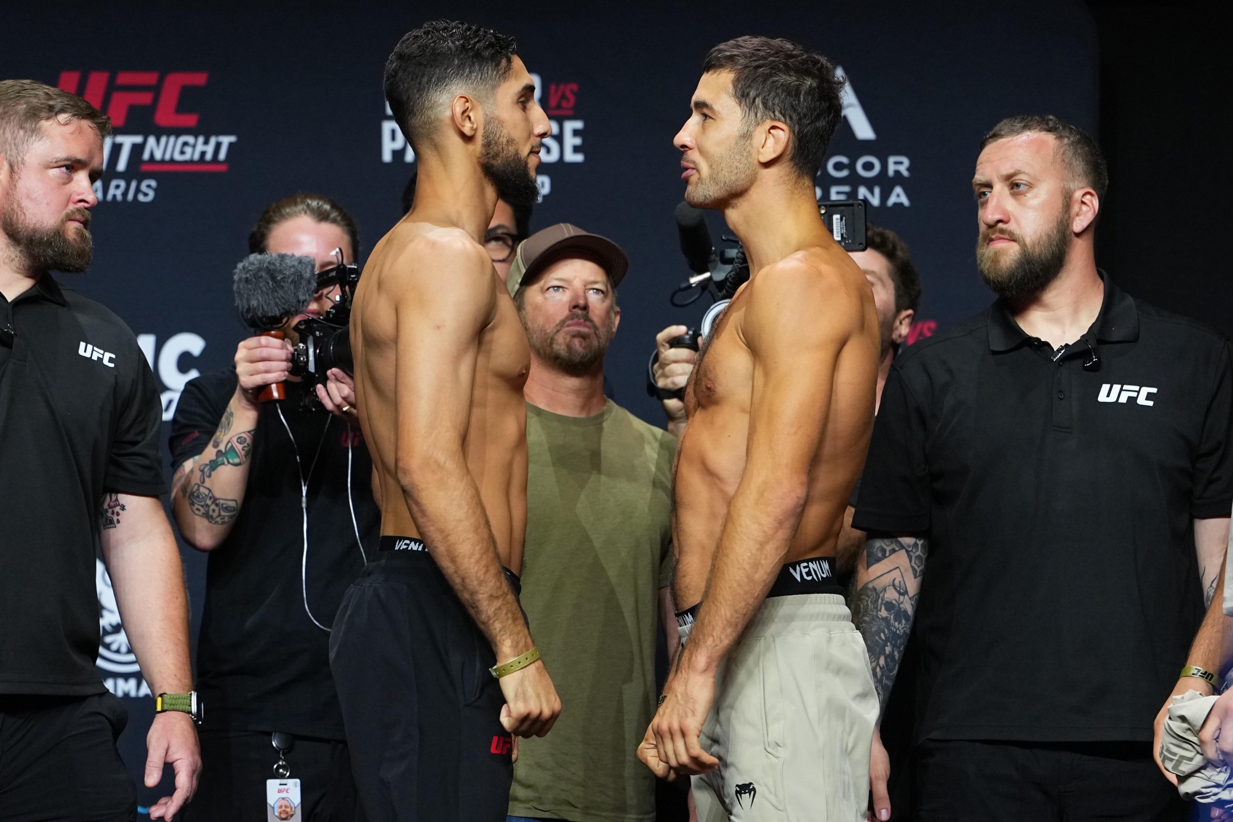 PARIS, FRANCE - SEPTEMBER 04: (L-R) Opponents Fares Ziam of France and Axel Sola of France face off during the UFC Fight Night ceremonial weigh-in at The Accor Arena on September 04, 2026 in Paris, France. (Photo by Jeff Bottari/Zuffa LLC)
