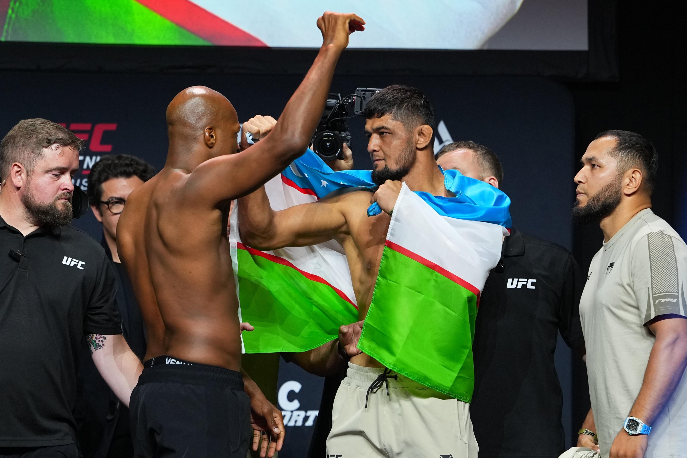 PARIS, FRANCE - SEPTEMBER 04: (L-R) Opponents Michael Page of England and Nursulton Ruziboev of Uzbekistan face off during the UFC Fight Night ceremonial weigh-in at The Accor Arena on September 04, 2026 in Paris, France. (Photo by Jeff Bottari/Zuffa LLC)