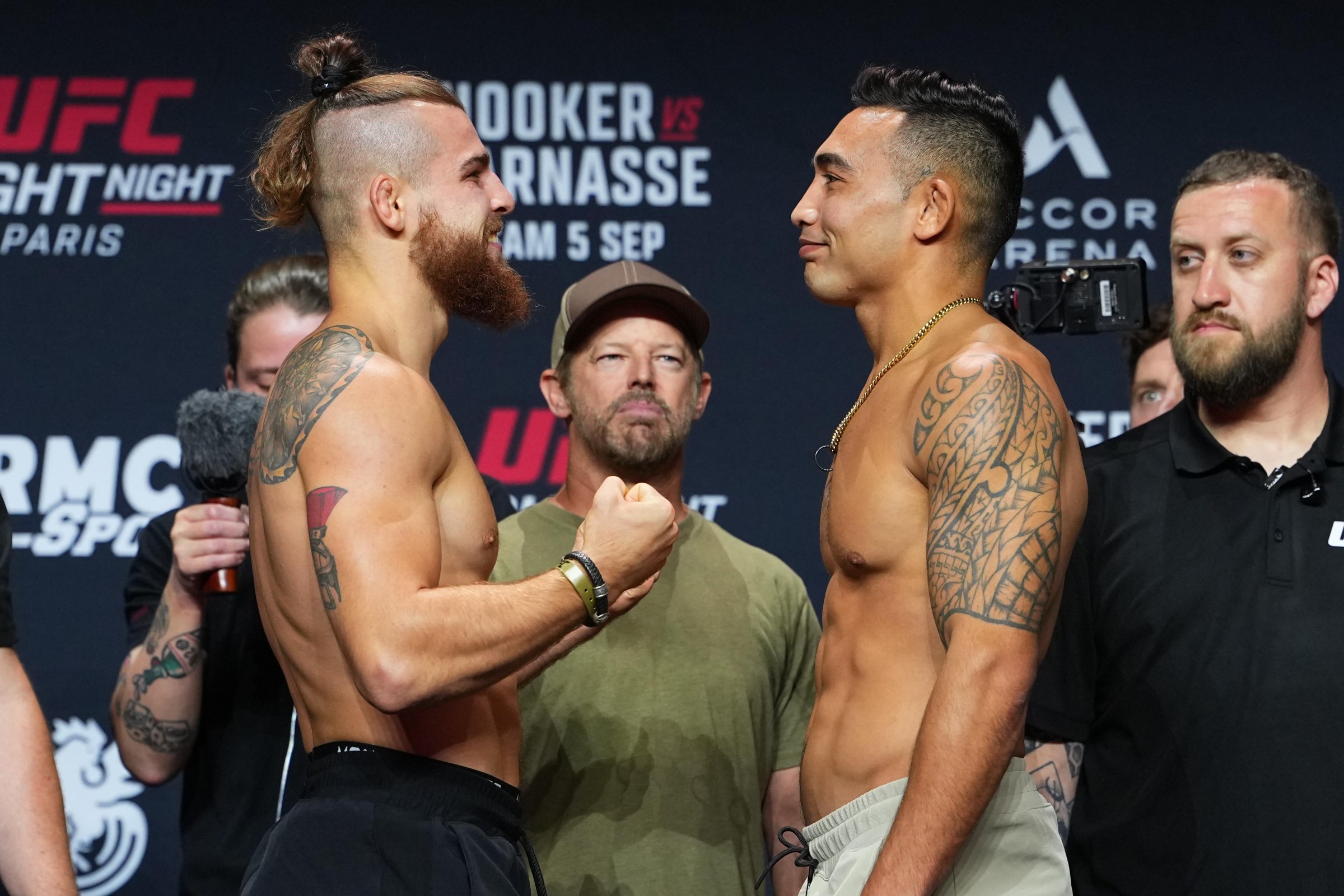 PARIS, FRANCE - SEPTEMBER 04: (L-R) Opponents Daniil Donchenko of Ukraine and Punahele Soriano face off during the UFC Fight Night ceremonial weigh-in at The Accor Arena on September 04, 2026 in Paris, France. (Photo by Jeff Bottari/Zuffa LLC)