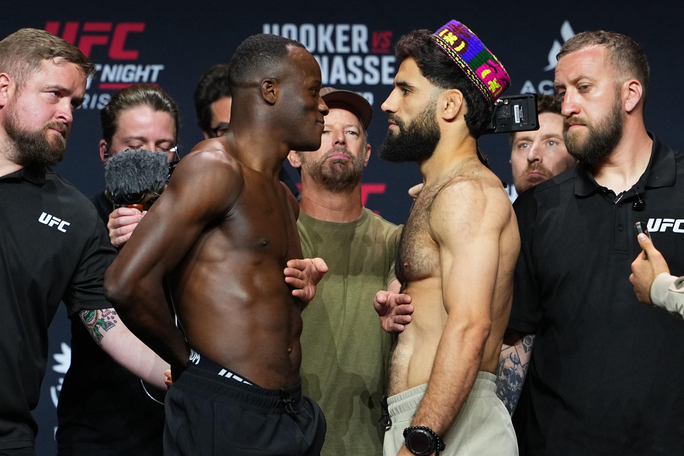 PARIS, FRANCE - SEPTEMBER 04: (L-R) Opponents Losene Keita of Guinea and Muhammad Naimov of Tajikistan face off during the UFC Fight Night ceremonial weigh-in at The Accor Arena on September 04, 2026 in Paris, France. (Photo by Jeff Bottari/Zuffa LLC)