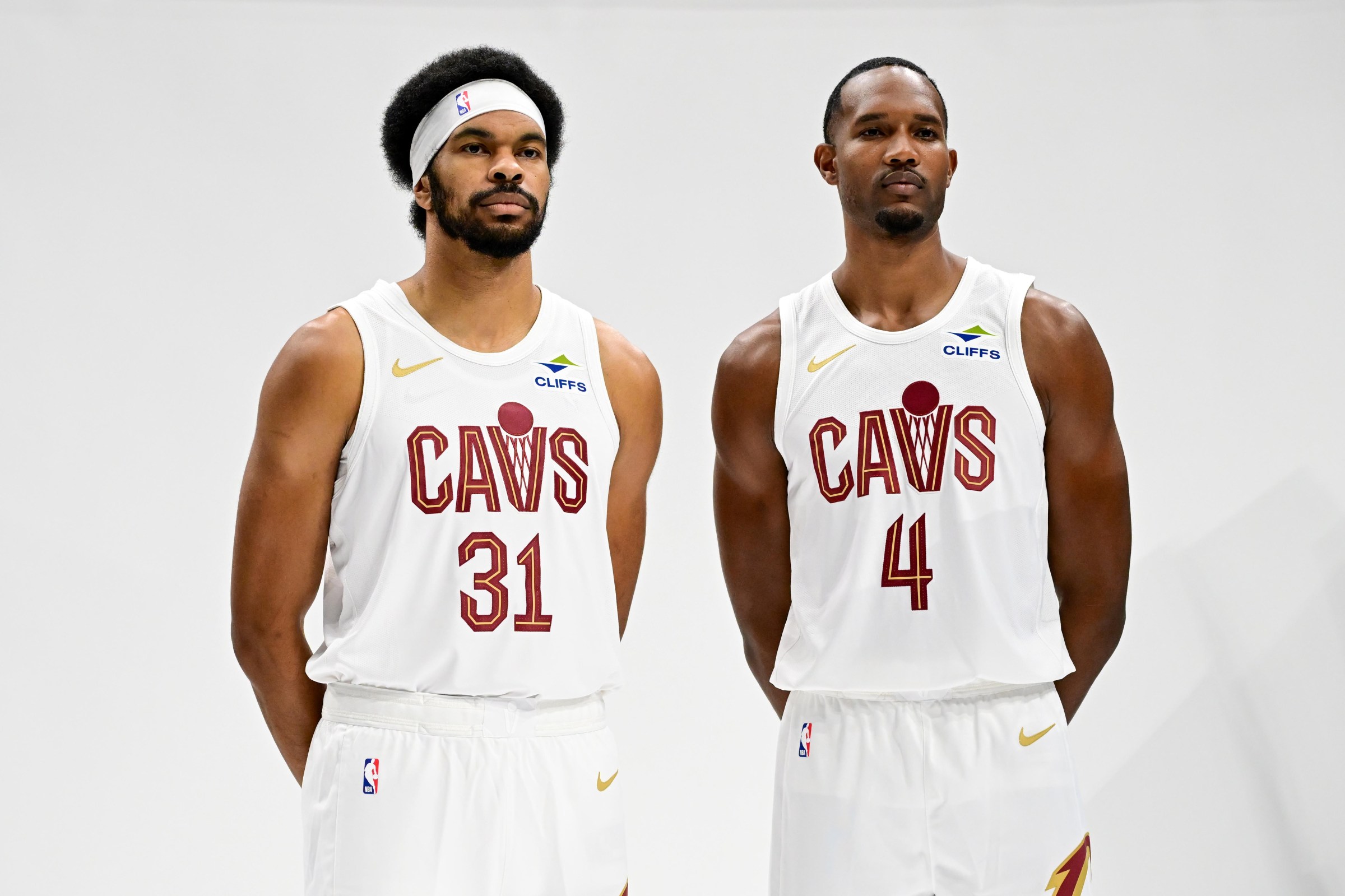 CLEVELAND, OHIO - SEPTEMBER 28: Jarrett Allen #31 and Evan Mobley #4 of the Cleveland Cavaliers pose for a portrait during Cleveland Cavaliers Media Day at Rocket Arena on September 28, 2026 in Cleveland, Ohio. NOTE TO USER: User expressly acknowledges and agrees that, by downloading and or using this photograph, User is consenting to the terms and conditions of the Getty Images License Agreement. (Photo by Nick Cammett/Getty Images)