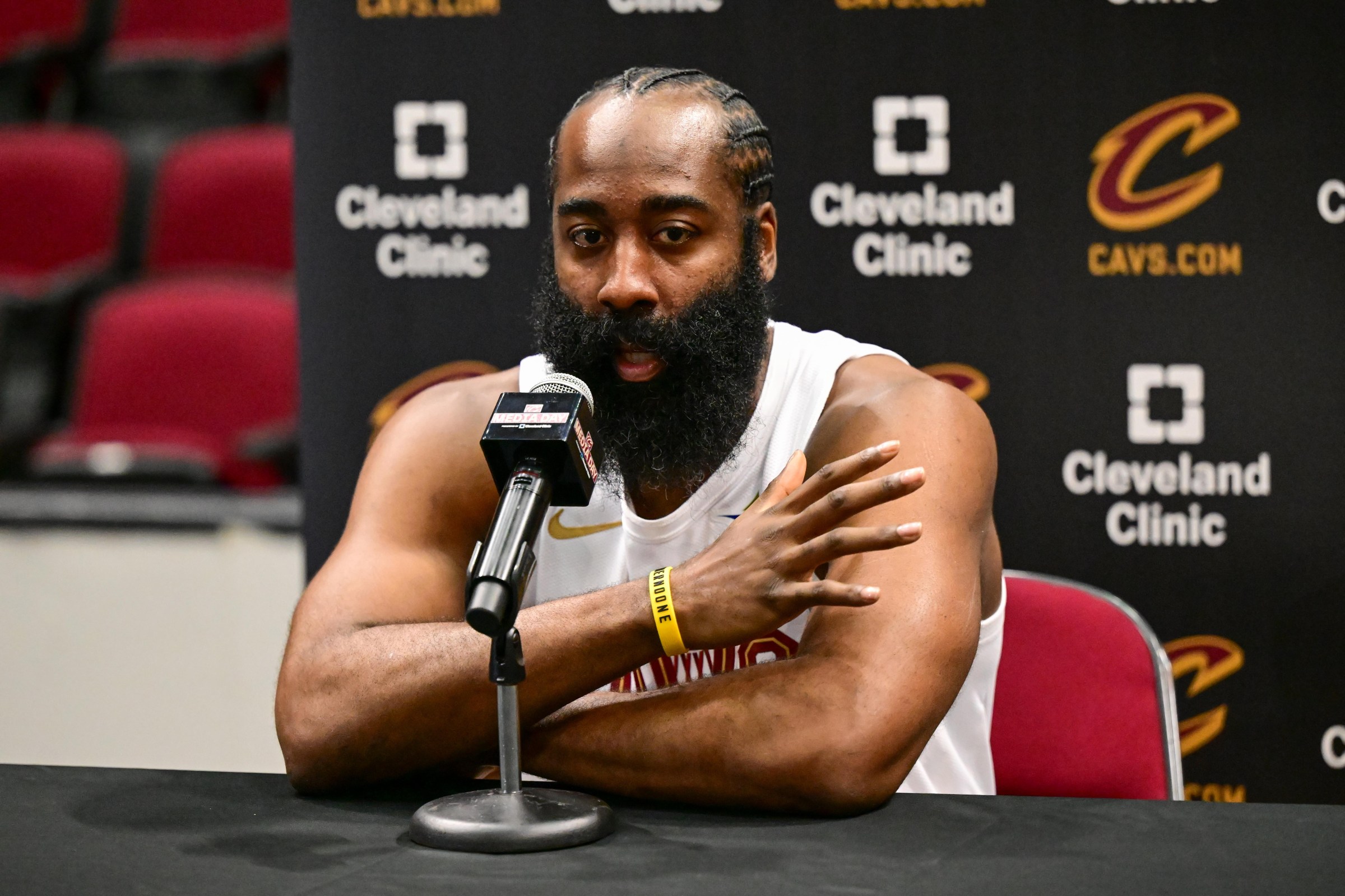 CLEVELAND, OHIO - SEPTEMBER 28: James Harden #1 of the Cleveland Cavaliers answers questions from the media during Cleveland Cavaliers Media Day at Rocket Arena on September 28, 2026 in Cleveland, Ohio. NOTE TO USER: User expressly acknowledges and agrees that, by downloading and or using this photograph, User is consenting to the terms and conditions of the Getty Images License Agreement. (Photo by Nick Cammett/Getty Images)