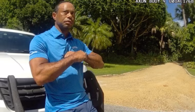 In this photo from police body camera video, Tiger Woods performs a field sobriety test following a car crash on Jupiter Island, Florida, on 27 March 2026.