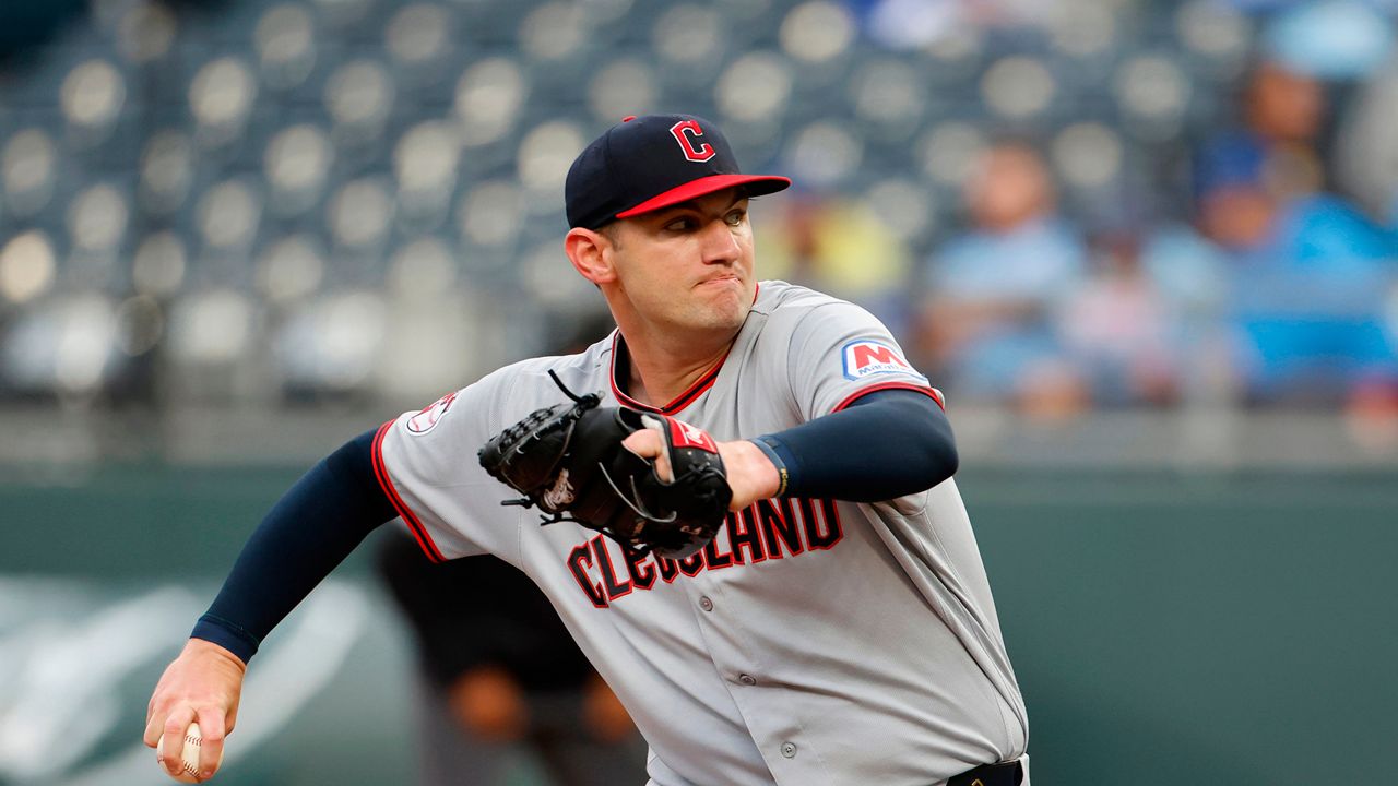 Cleveland Guardians pitcher Gavin Williams delivers to a Kansas City Royals batter during the first inning of a baseball game in Kansas City, Mo., Tuesday, May 5, 2026. (AP Photo/Colin E. Braley)