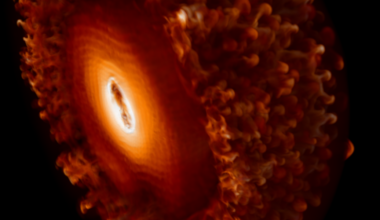 A cutaway of a sphere, showing ever-brighter layers of orange as you move towards the center.