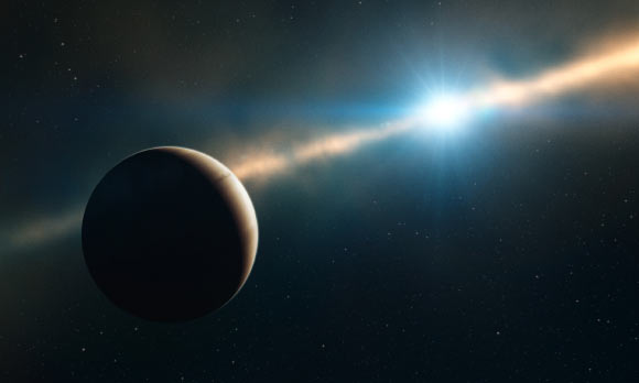 This artist’s impression shows how the gas giant exoplanet inside the disc of Beta Pictoris may look. Image credit: L. Calçada / ESO.