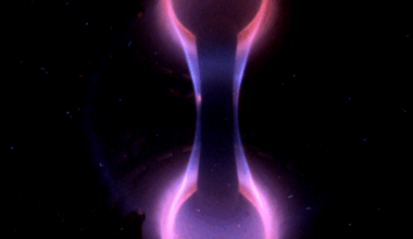 Spherical tokamak vessel at Culham showing fusion plasma pressure experiment hardware, spherical fusion machine