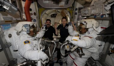 At center, Expedition 74 flight engineers Jack Hathaway of NASA and Sophie Adenot of ESA (European Space Agency) pose for a portrait with NASA flight engineers Jessica Meir (far left) and Chris Williams (far right) after assisting the pair into their spacesuits inside the International Space Station’s Quest airlock. Shortly afterward, Meir and Williams exited Quest to begin a seven‑hour‑and‑20‑minute spacewalk to replace a malfunctioning wrist joint on the Canadarm2 robotic arm.