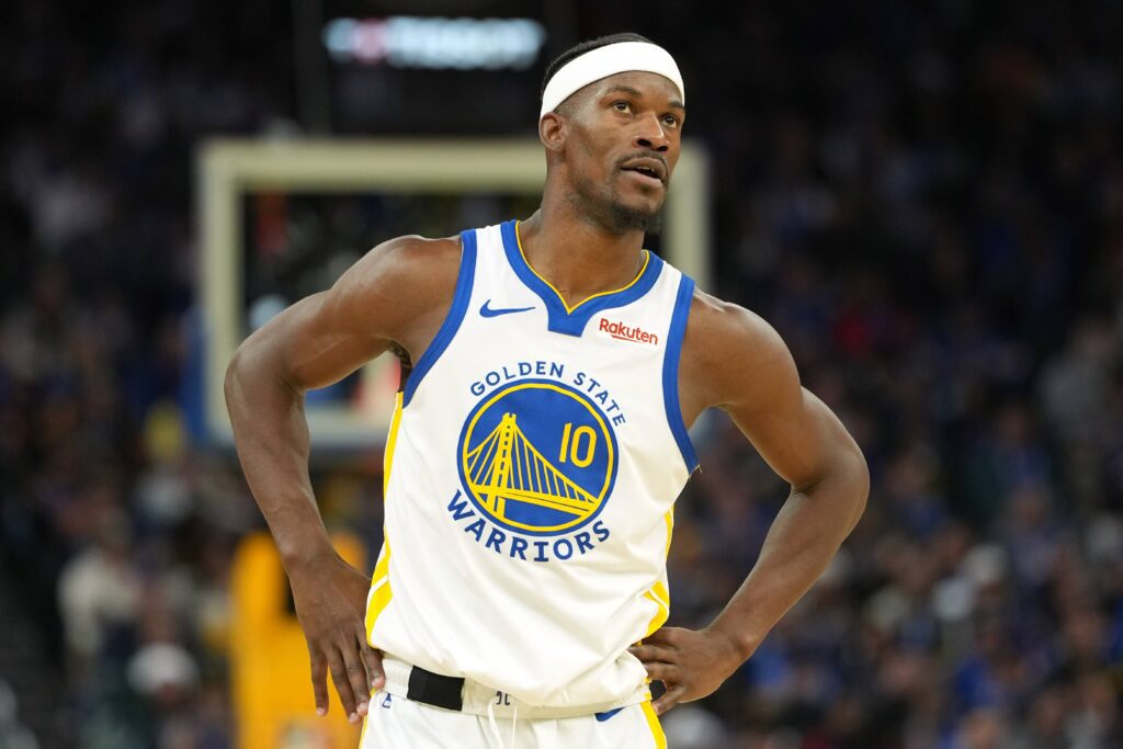 San Francisco, California, USA; Golden State Warriors forward Jimmy Butler III (10) during the fourth quarter against the Dallas Mavericks at Chase Center. Mandatory Credit: Darren Yamashita-Imagn Images