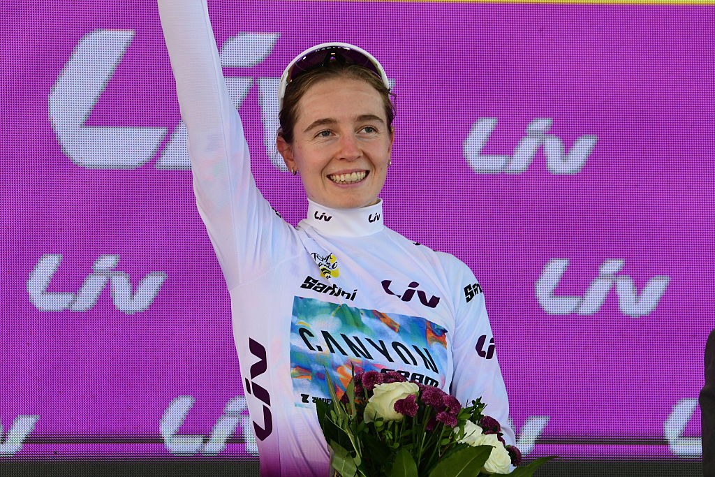 Antonia Niedermaier in the white jersey as best young rider after stage 6 of the 2026 Tour de France Femmes