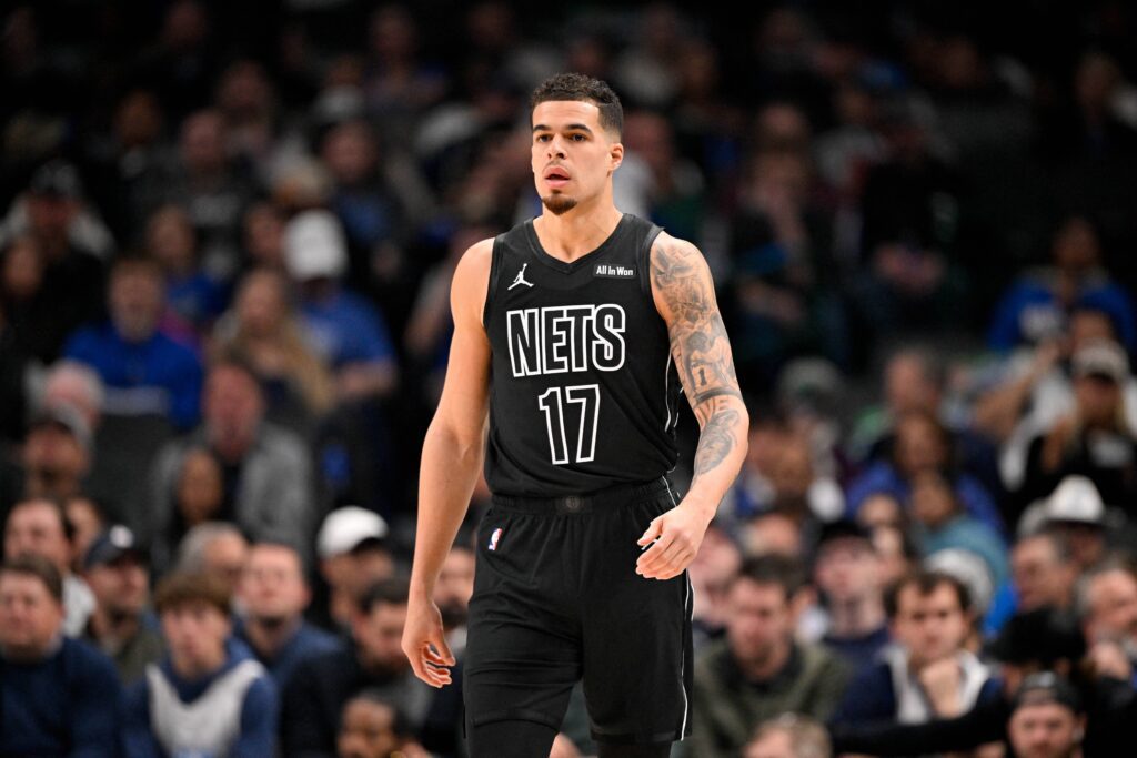 Dallas, Texas, USA; Brooklyn Nets forward Michael Porter Jr. (17) looks on during the first quarter against the Dallas Mavericks at the American Airlines Center. Mandatory Credit: Jerome Miron-Imagn Images