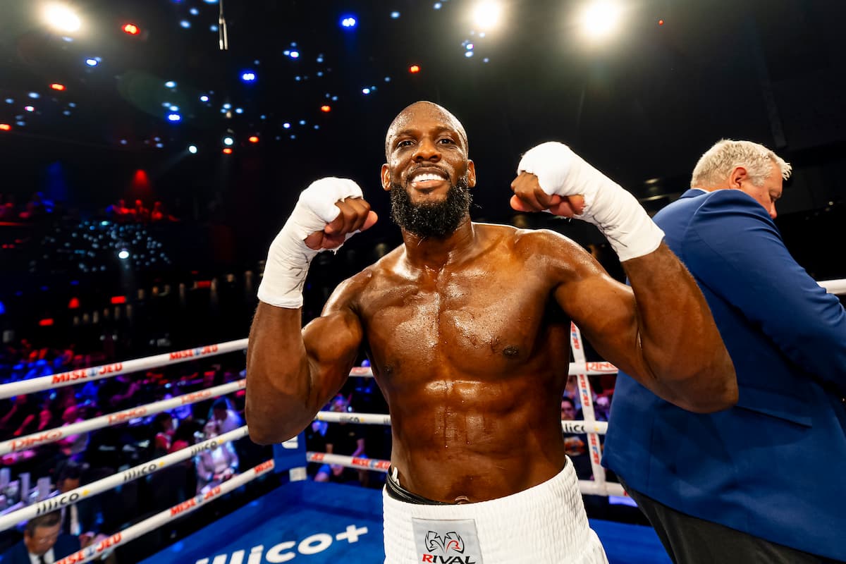 Nickenson Denis celebrates his victory over Jaheem Estwick