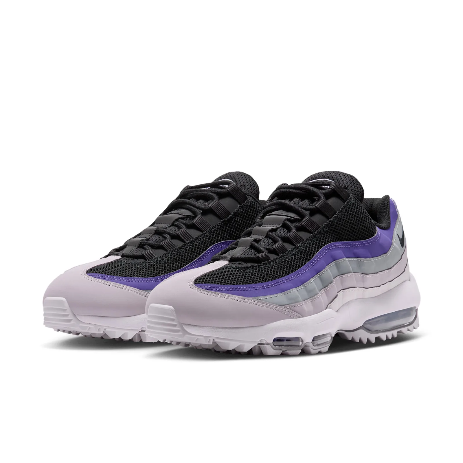 front angled pair view, black mesh toes, purple stripes, lilac heels, white soles, Dark Iris
