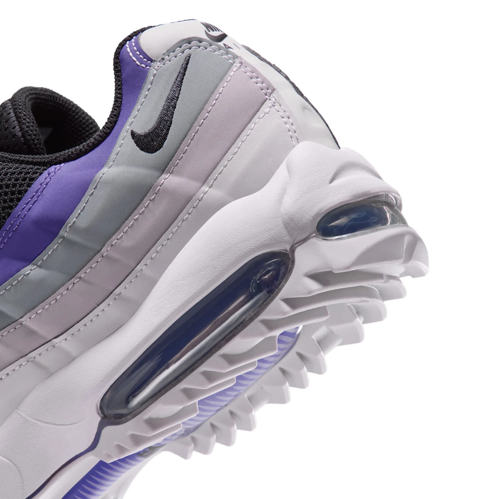 heel detail, purple and grey layered panels with black swoosh embroidery, Dark Iris
