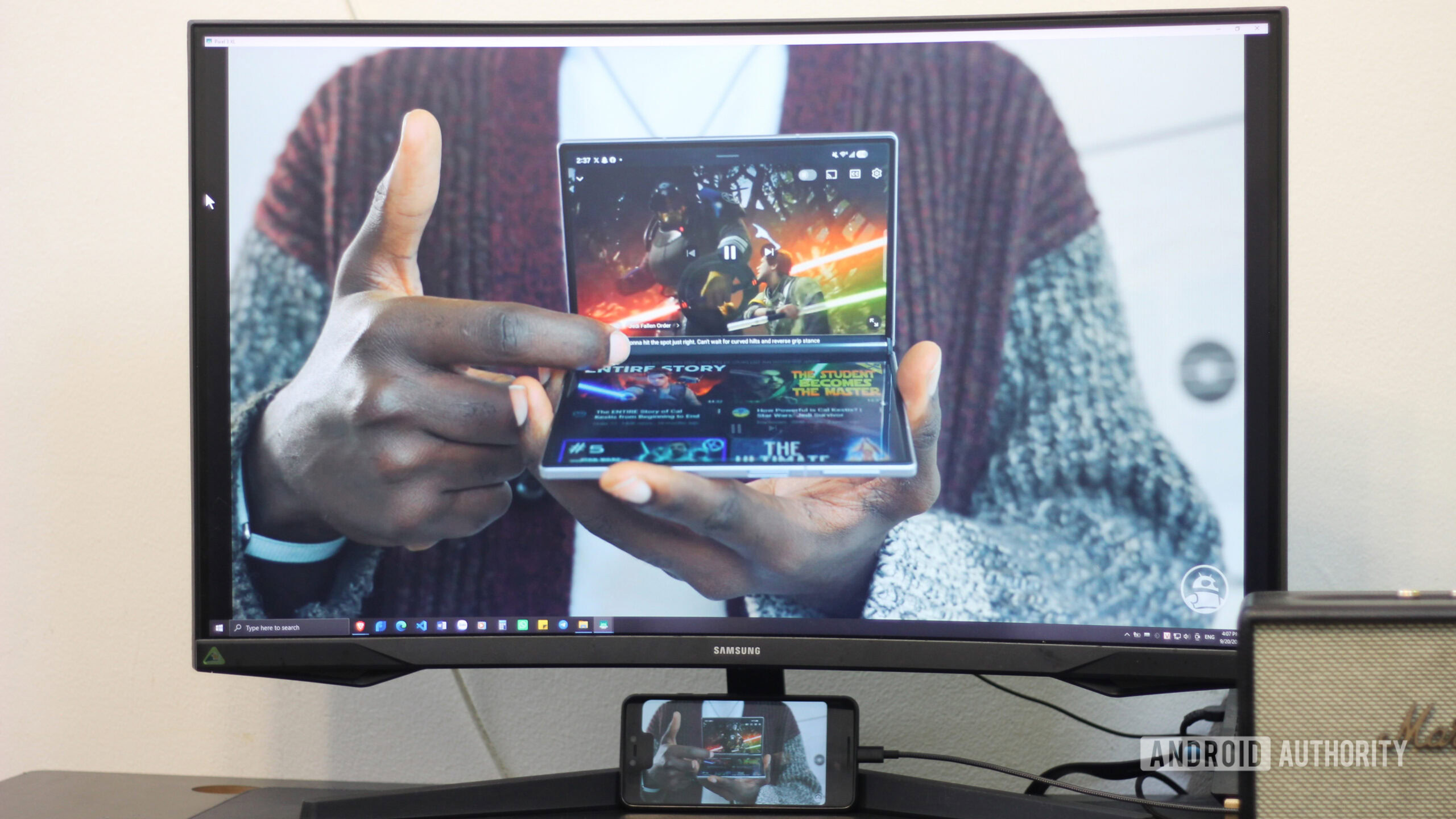 Pixel 3 XL connected to a monitor.